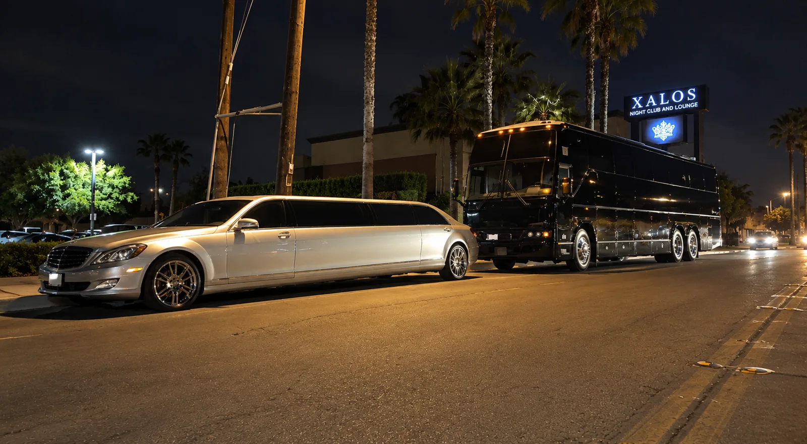 Silver Mercedes limousine and black luxury coach outside Xalos at night