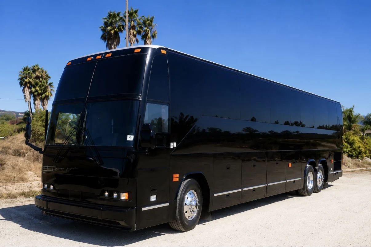 Second 40 to 44 passenger luxury coach party bus exterior in glossy black