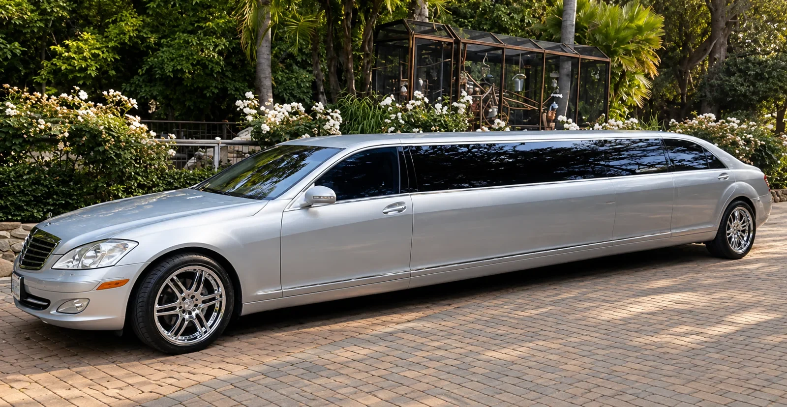 Silver Mercedes stretch limousine in a garden driveway