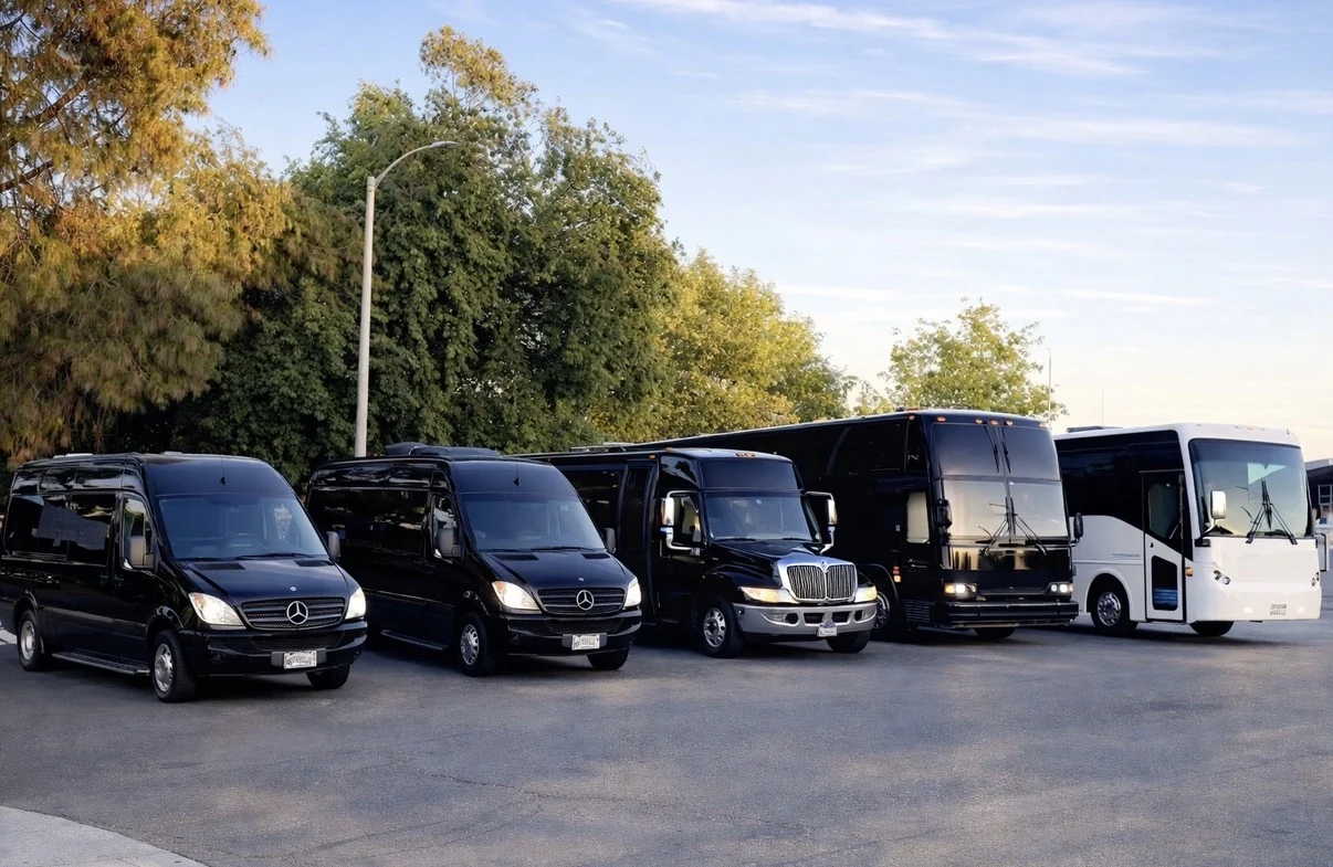 Best OC Party Buses fleet lineup — Mercedes Sprinters, luxury party buses, and executive coaches