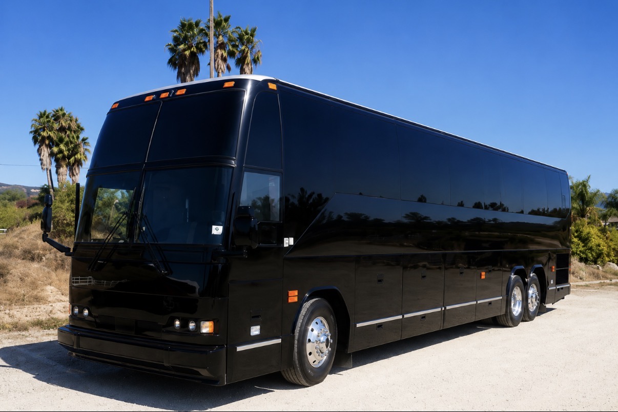 Luxury party bus parked outside Del Mar Racetrack on Opening Day