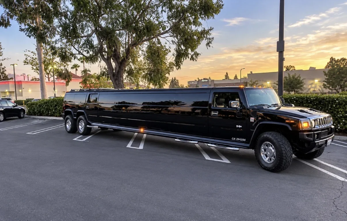 Black dual-axle Hummer limousine at sunset