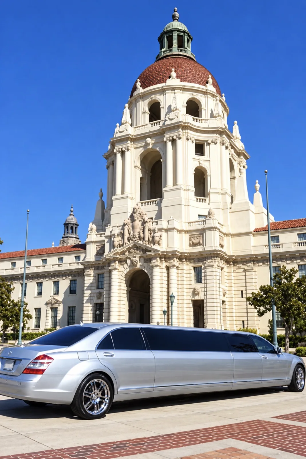 Silver Mercedes stretch limousine at Pasadena City Hall