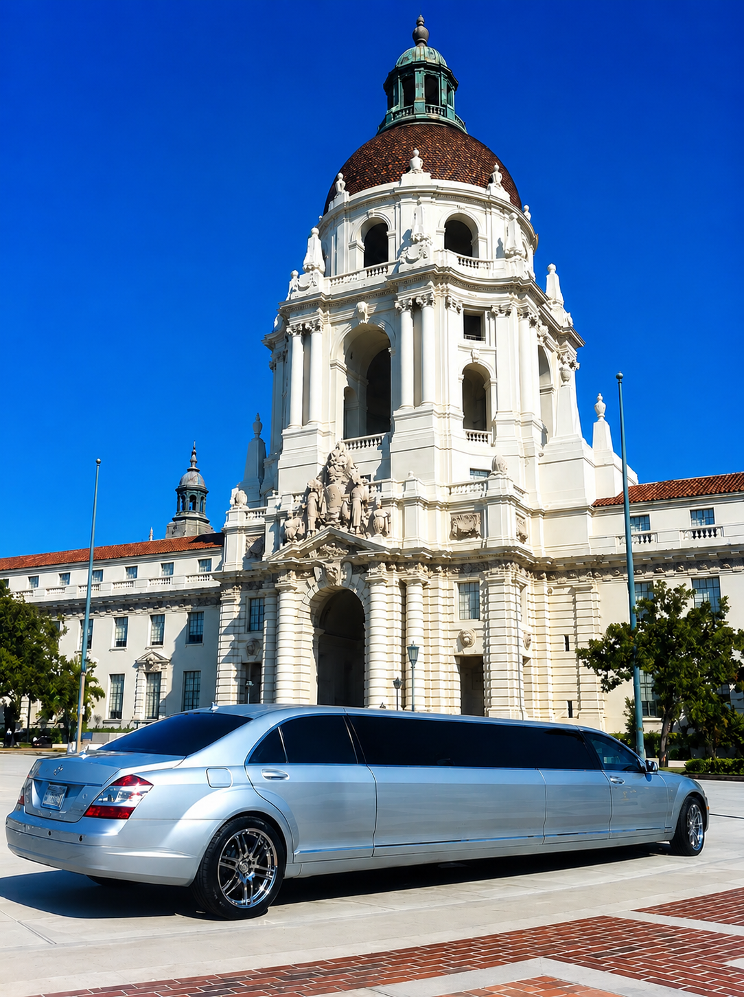 Silver Mercedes stretch limousine parked in front of Pasadena City Hall