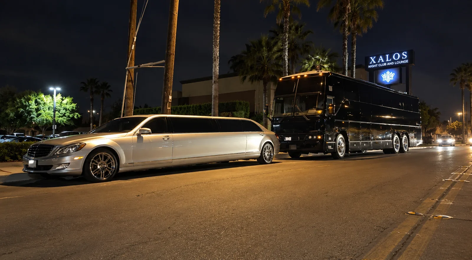 Silver Mercedes limousine and black luxury coach outside Xalos at night