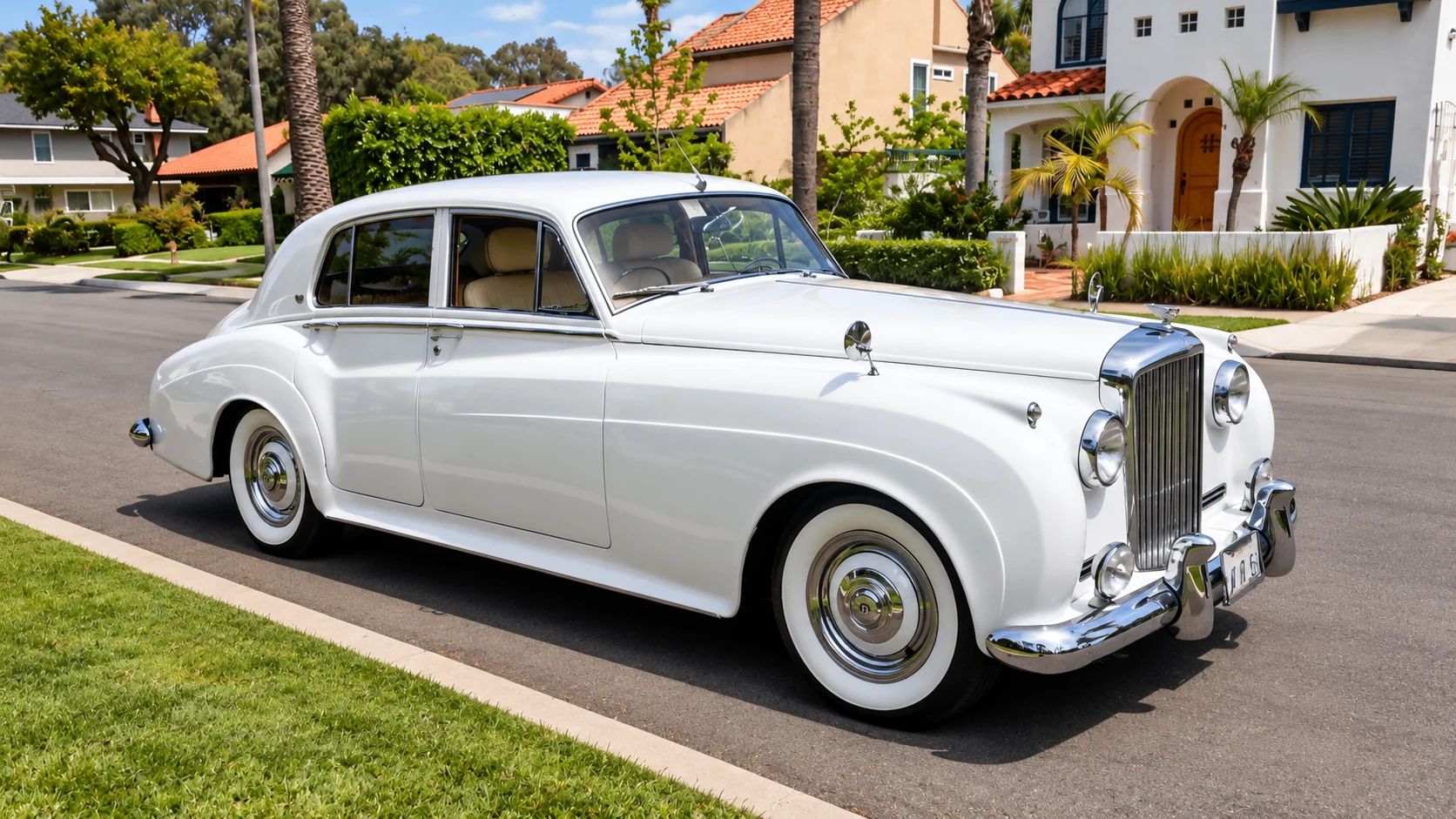 1956 white Bentley with whitewall tires parked on a quiet Southern California residential street