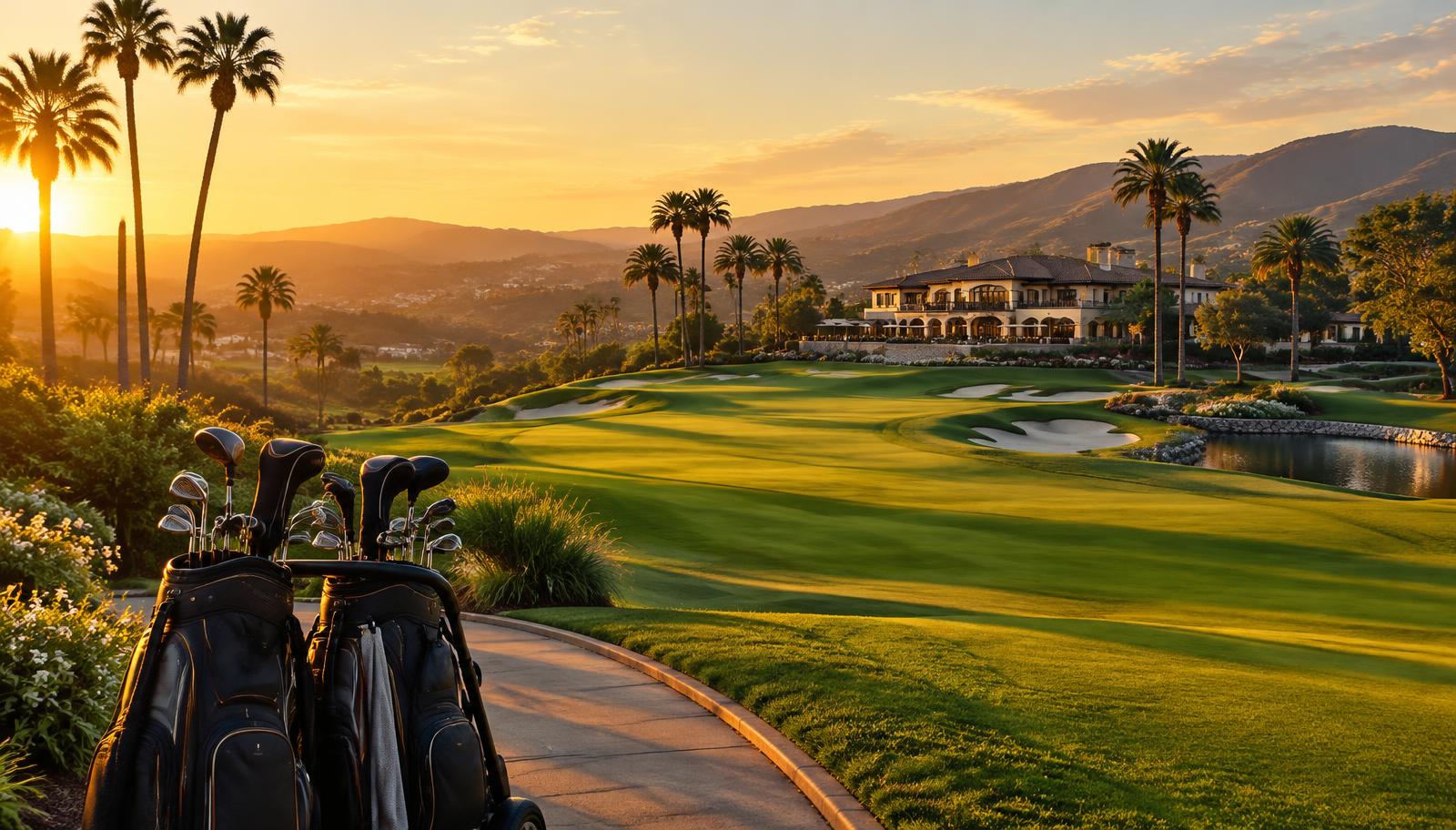 Southern California golf course fairway and clubhouse at sunset
